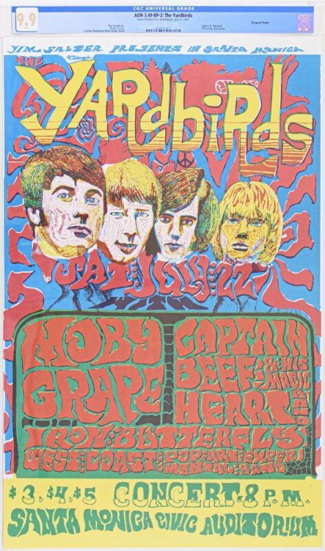 1967 AOR-3.49 The Yardbirds Moby Grape Santa Monica Civic Auditorium RP2 Poster CGC 9.9