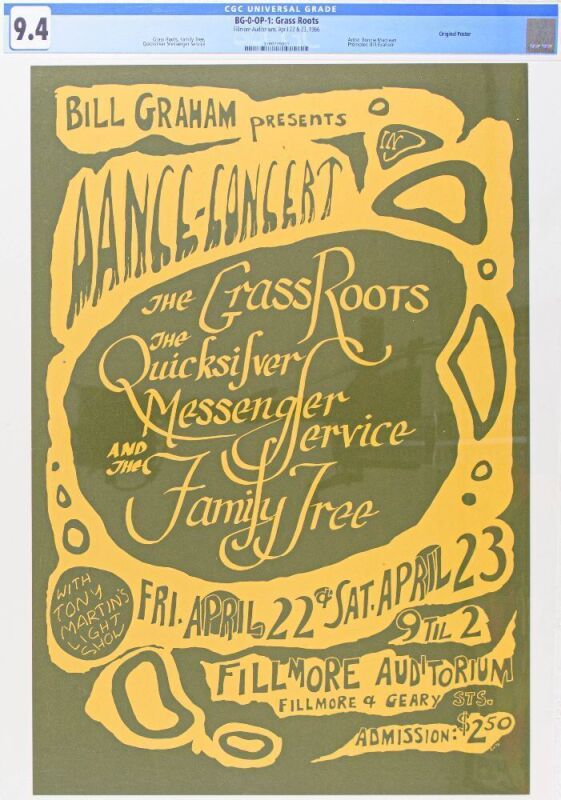 1966 BG-0 Grass Roots Quicksilver Fillmore Auditorium Poster CGC 9.4