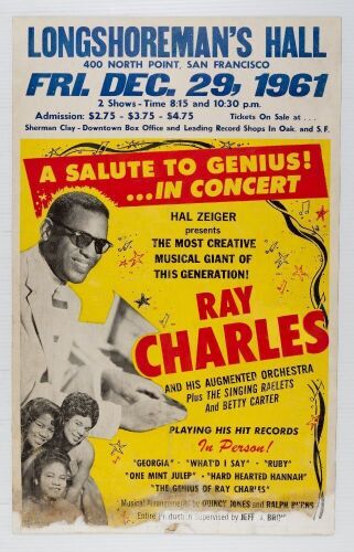 1961 Ray Charles The Singing Raelettes Longshoreman's Hall Cardboard Poster Extra Fine 61