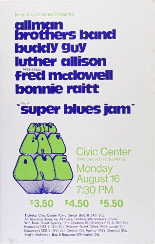 1971 The Allman Brothers Band Buddy Guy Bonnie Raitt Blues Bag One Philadelphia Civic Center Poster Excellent 79