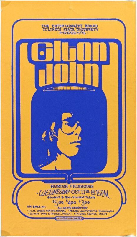 1972 Elton John Illinois State University Horton Fieldhouse Poster Excellent 71