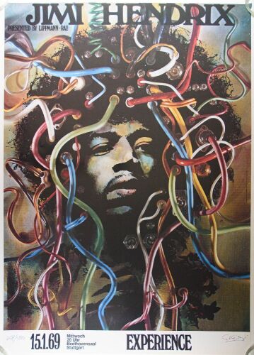 1990 Jimi Hendrix Gunther Kieser Large Germany Artrock LE Signed Kieser Poster Near Mint 85