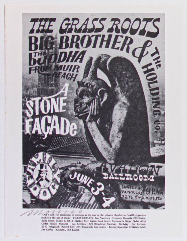 1966 FD-11 Grass Roots Big Brother Avalon Ballroom Signed Moscoso Handbill Near Mint 81