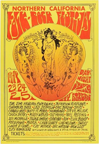 1969 Jimi Hendrix Jefferson Airplane Chuck Berry Northern California Folk Rock Festival Poster Excellent 75