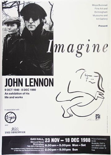 1988 John Lennon Imagine Exhibition Moya Bucknall Fine Art and Birmingham Museums and Art Gallery Poster Excellent 77