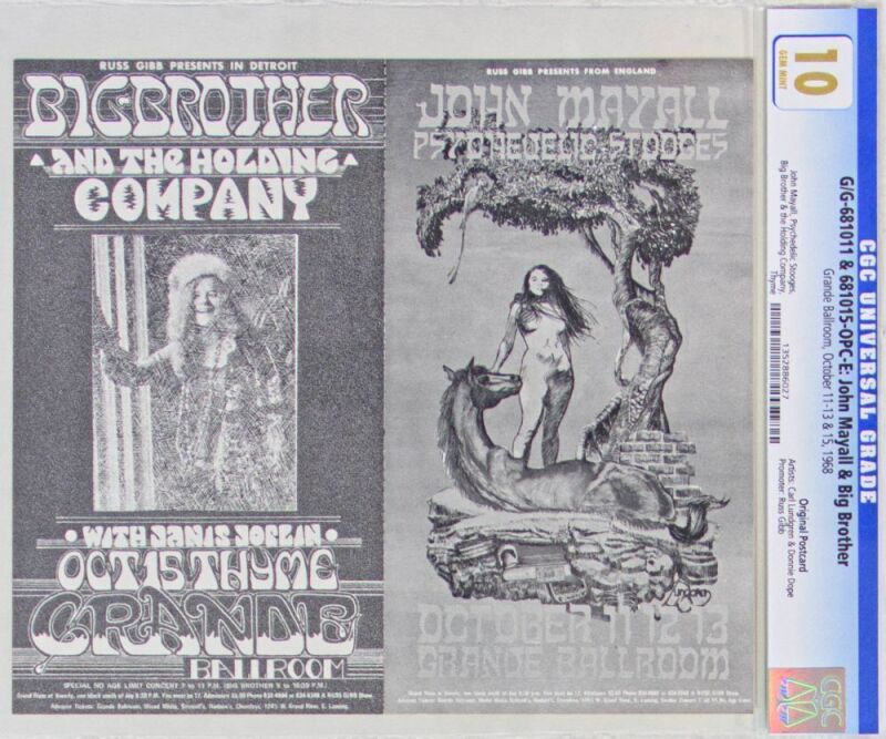 1968 G/G-681011 & 681015 Big Brother & The Holding Company Janis Joplin John Mayall Grande Ballroom Detroit Uncut Postcard CGC 10