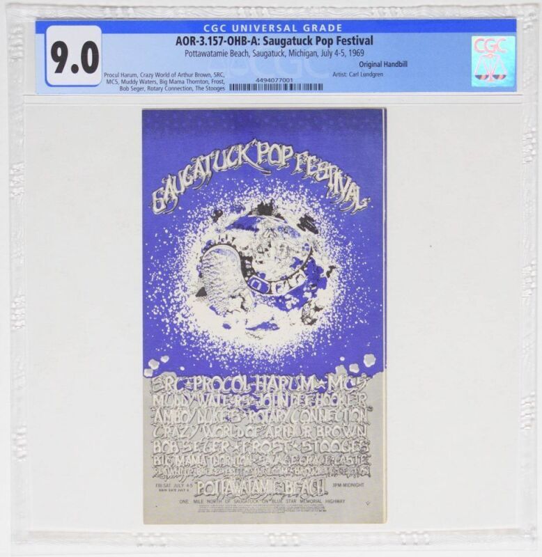 1969 AOR-3.157 MC5 Muddy Waters John Lee Hooker The Stooges Bob Seger The Saugutuck Pop Festival Handbill CGC 9.0