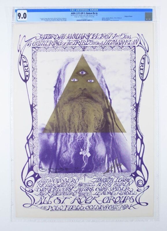 1967 AOR-2.217 Grateful Dead Timothy Leary The Human Be In Golden Gate Park Signed Kelley & Mouse Poster CGC 9.0