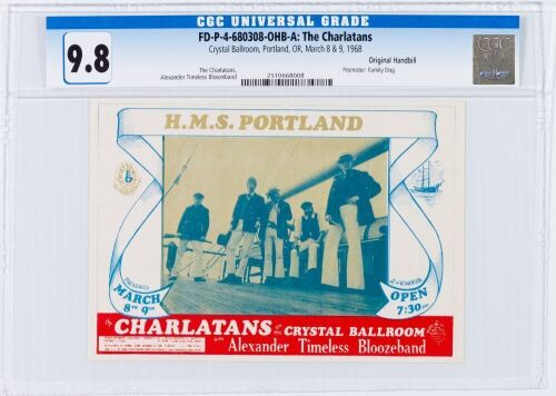 1968 FD-P-4-680308 The Charlatans The Crystal Ballroom Portland Handbill CGC 9.8