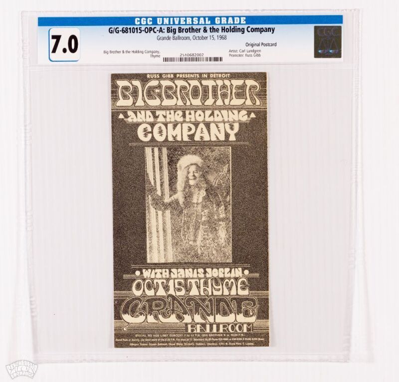 1968 G/G-681015 Big Brother & The Holding Company Janis Joplin Grande Ballroom Detroit Postcard CGC 7.0