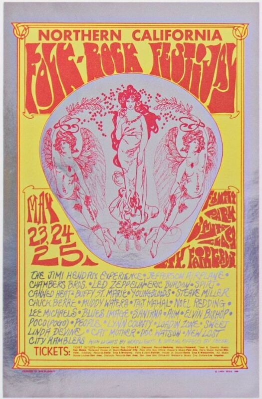 1969 Jimi Hendrix Jefferson Airplane Chuck Berry Northern California Folk Rock Festival Handbill Mint 90