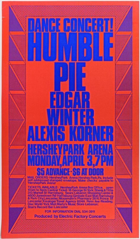 1972 Humble Pie Edgar Winter Hersheypark Arena Poster Excellent 77