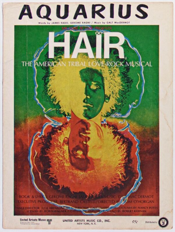 1969 Aquarius Hair Musical Sheet Music and Lyric Book Extra Fine 65