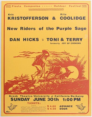 1974 Kris Kristofferson Rita Coolidge Greek Theatre Poster Mounted