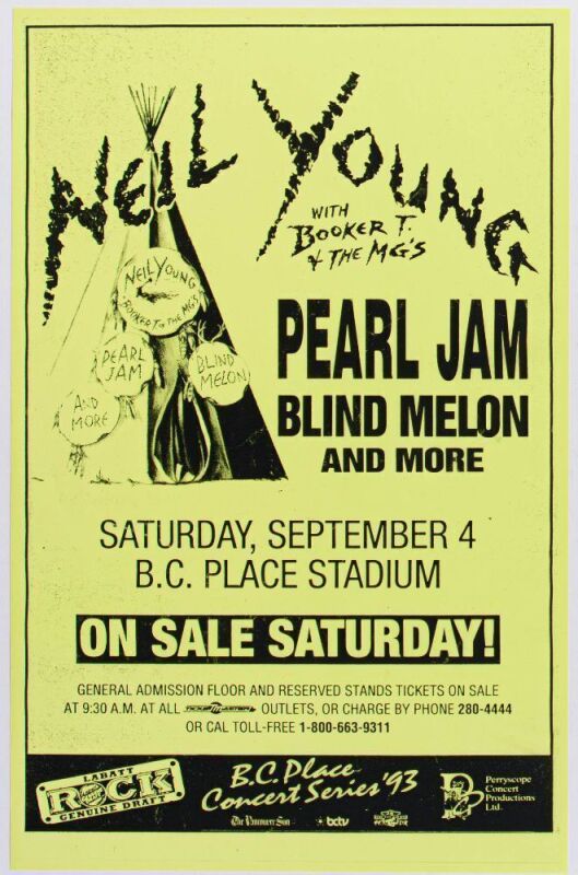 1993 Neil Young Pearl Jam Blind Melon B.C. Place Stadium Vancouver Poster Near Mint 89