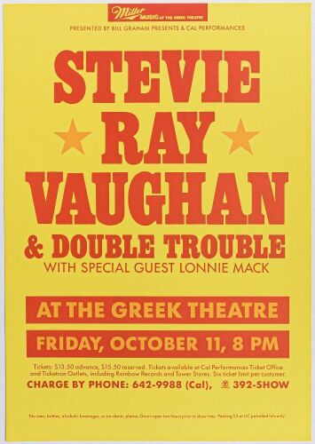 1985 Stevie Ray Vaughan The Greek Theatre Berkeley Poster Near Mint 85