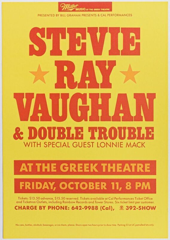 1985 Stevie Ray Vaughan The Greek Theatre Berkeley Poster Near Mint 85