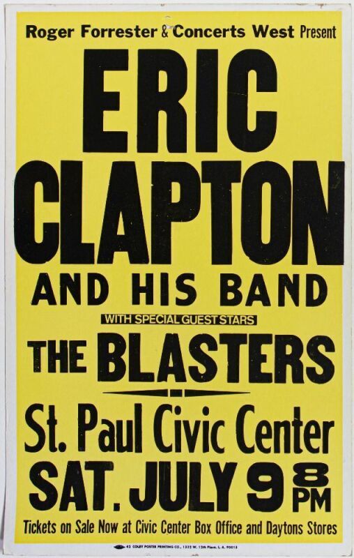 1983 Eric Clapton The Blasters St. Paul Civic Center Cardboard Poster Extra Fine 67