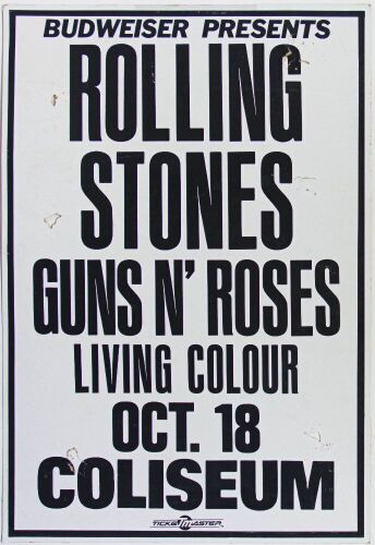 1989 Rolling Stones Guns N' Roses Living Colour Los Angeles Memorial Coliseum Cardboard Poster Extra Fine 63