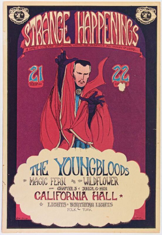 1967 AOR-2.140 Greg Irons Strange Happenings The Youngbloods California Hall Poster Extra Fine 67