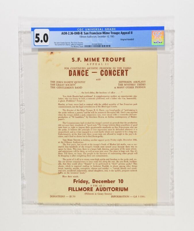 1965 AOR-2.36 The Great Society Jefferson Airplane Appeal II Fillmore Auditorium Handbill CGC 5.0