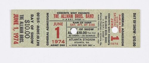 1974 Allman Brothers Band Atlanta Stadium Unused Original Concert Ticket Mint 93