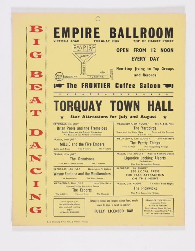 1964 The Yardbirds with Eric Clapton The Kinks The Empire Ballroom Torquay Window Card Poster Near Mint 89