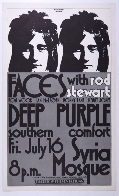 1971 Small Faces with Rod Stewart Deep Purple Syria Mosque Pittsburgh Poster Mint 93