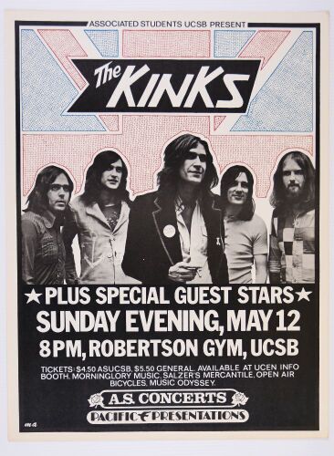 1974 The Kinks UCSB Robertson Gym Santa Barbara Poster Mint 93