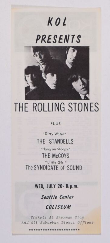 1966 Rolling Stones The Standells Seattle Center Coliseum Flyer Near Mint 85