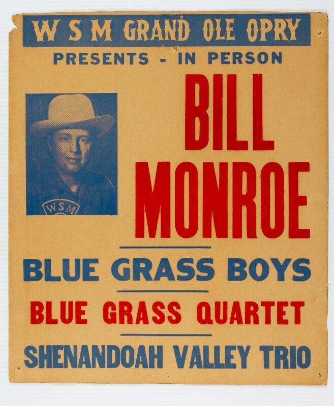 1950's Bill Monroe & His Bluegrass Boys Original Hatch Show Print Cardboard Poster Extra Fine 69 TRIMMED