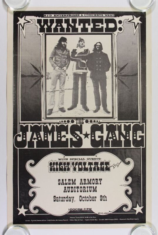 1971 James Gang with Joe Walsh High Voltage Salem Armory Auditorium Poster Extra Fine 65