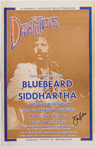 1974 Dan Hicks Bridges Auditorium Claremont College Signed Hicks Poster Excellent 73