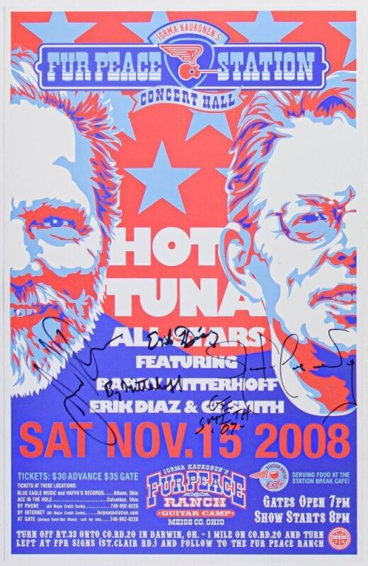 2008 Hot Tuna All Stars Fur Peace Ranch Signed Band Poster Near Mint 89