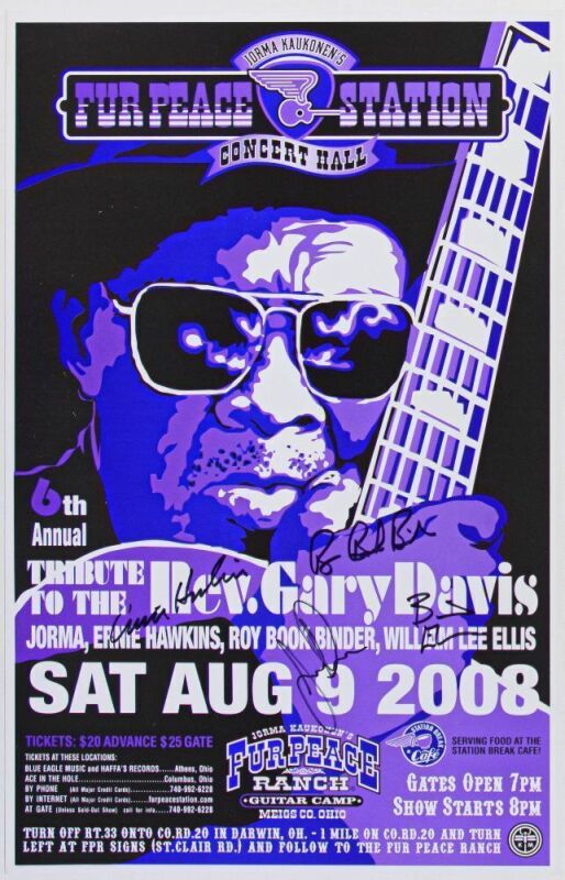 2008 Jorma Kaukonen 6th Annual Tribute to Rev. Gary Davis Fur Peace Ranch Signed Band Poster Near Mint 89