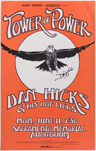 1973 Tower of Power Dan Hicks Sacramento Memorial Auditorium Signed Dan Hicks Poster Near Mint 83