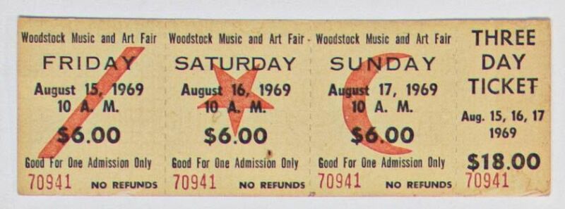 1969 Woodstock Music & Art Festival Three Day Unused Ticket Near Mint 83