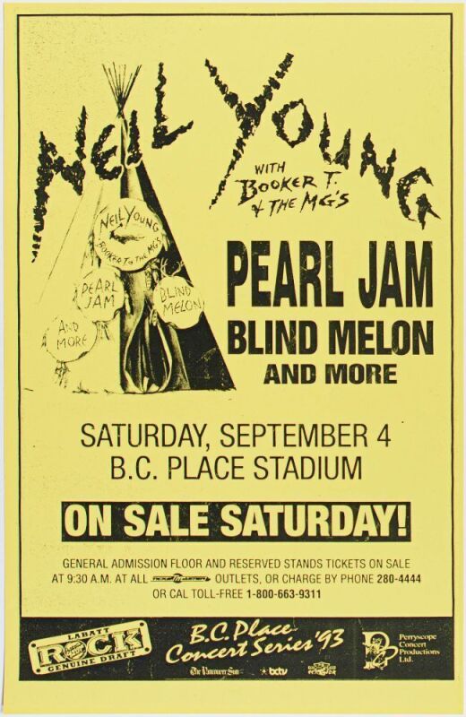 1993 Neil Young Pearl Jam Blind Melon B.C. Place Stadium Vancouver Poster Mint 91