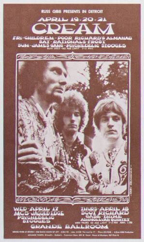 1968 G/G-680417 Cream MC5 Psychedelic Stooges Grande Ballroom Detroit Postcard Near Mint 89