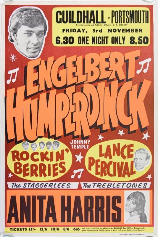 1967 Engelbert Humperdinck Guildhall Portsmouth Poster Excellent 77