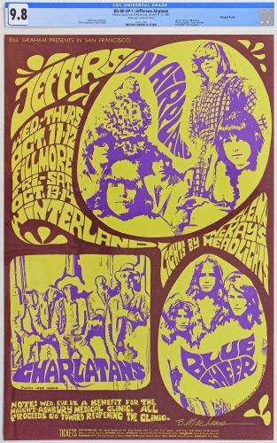 1967 BG-88 Jefferson Airplane The Charlatans Blue Cheer Fillmore & Winterland Signed MacLean Poster CGC 9.8