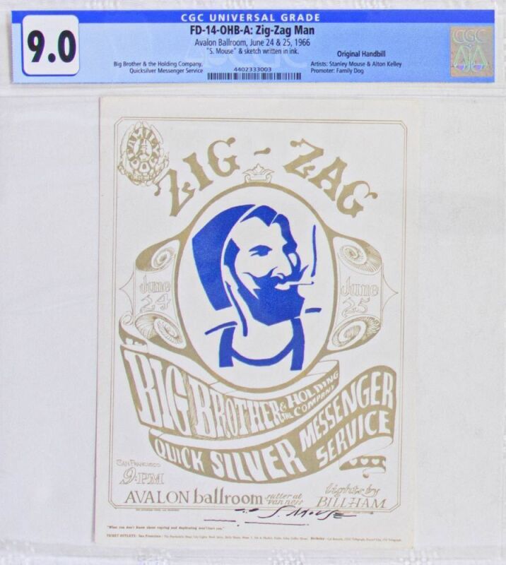 1966 FD-14 Big Brother Zig Zag Man Avalon Ballroom Signed Mouse Handbill CGC 9.0