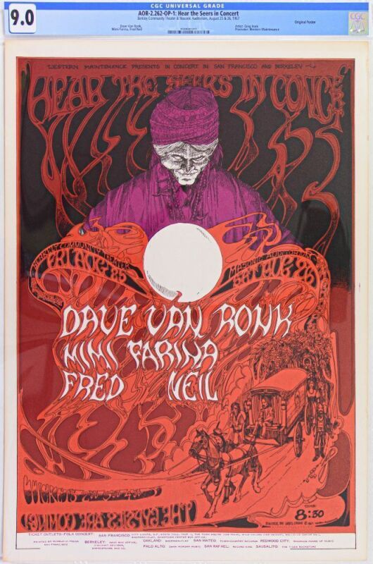 1967 AOR-2.262 Greg Irons Dave Van Ronk Mimi Farina Berkeley Community Theater & SF Masonic Auditorium Poster CGC 9.0