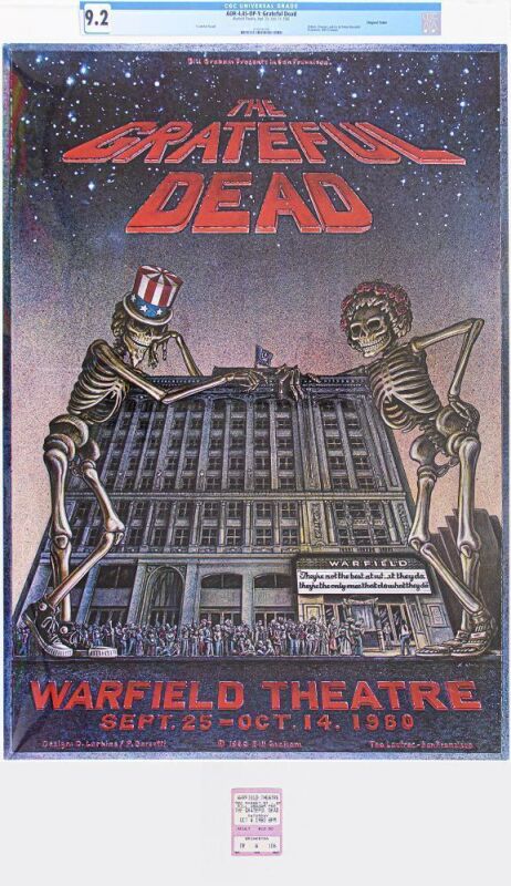 1980 AOR-4.45 Grateful Dead The Warfield Theater Poster CGC 9.2 Includes Ticket Stub