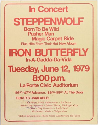 1979 Steppenwolf Iron Butterfly La Porte Civic Auditorium Poster Extra Fine 65