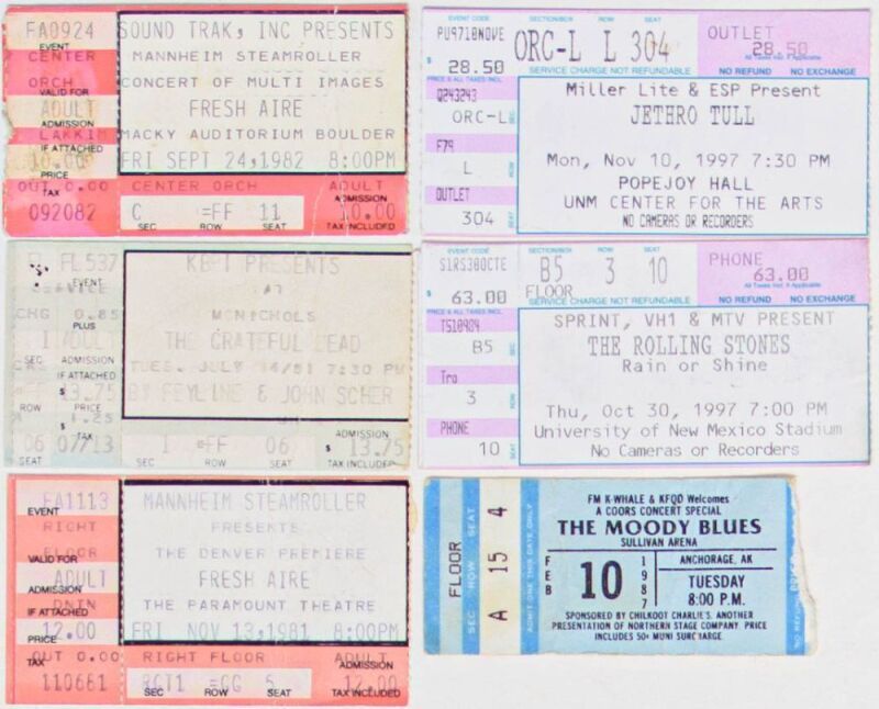 Lot of 6 Grateful Dead Jethro Tull Rolling Stones Ticket Stubs