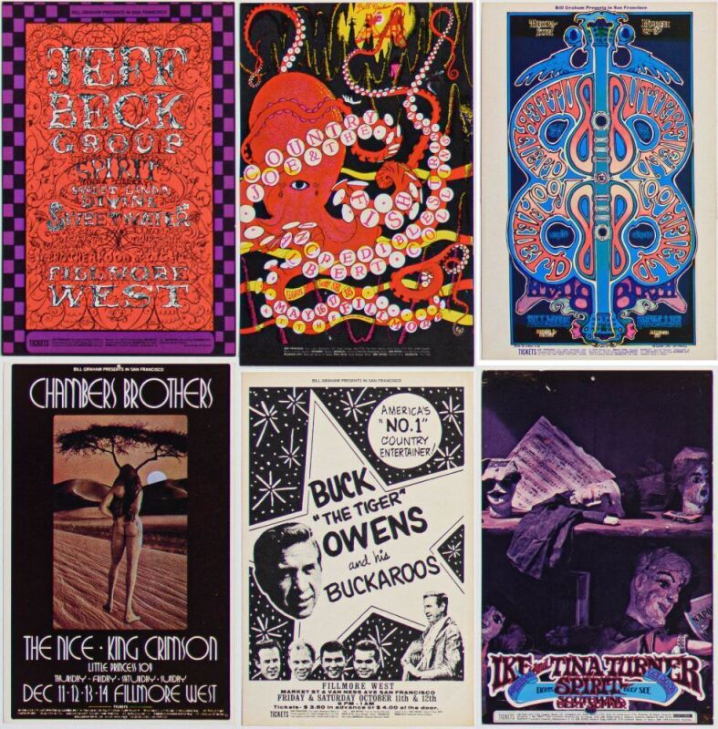 Lot of 6 Popular Bill Graham Fillmore West & Winterland Original Postcards