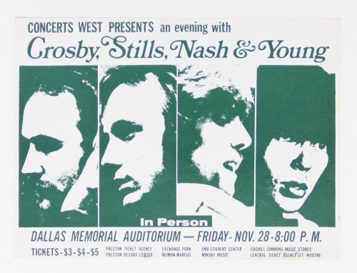 1969 Crosby Stills Nash Young The Dallas Memorial Auditorium Flyer Extra Fine 69