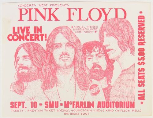 1972 Pink Floyd McFarlin Auditorium Southern Methodist University Dallas Flyer Excellent 73