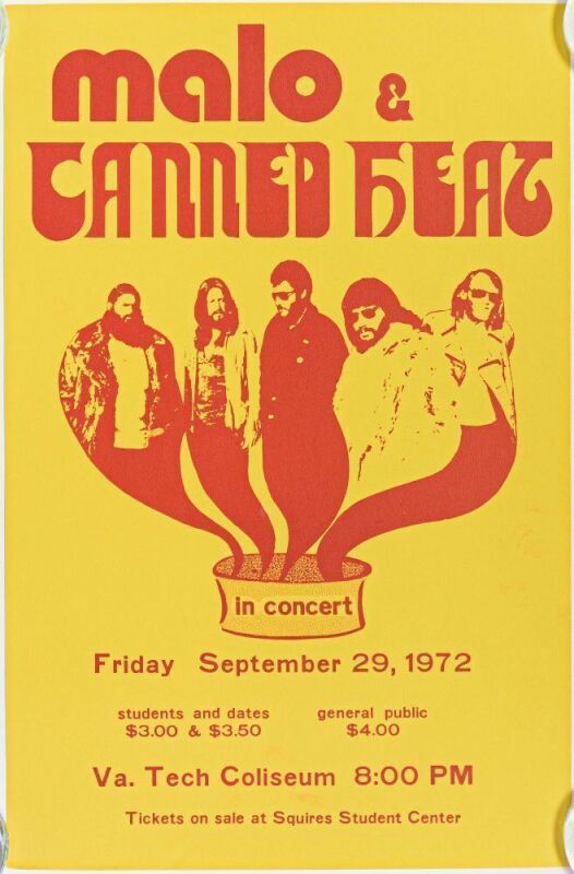 1972 Malo Canned Heat Virginia Tech Coliseum Poster Near Mint 81